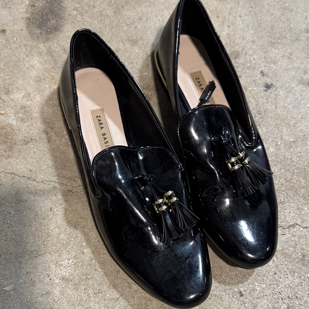Zara Glossy Black Loafers with Tassels